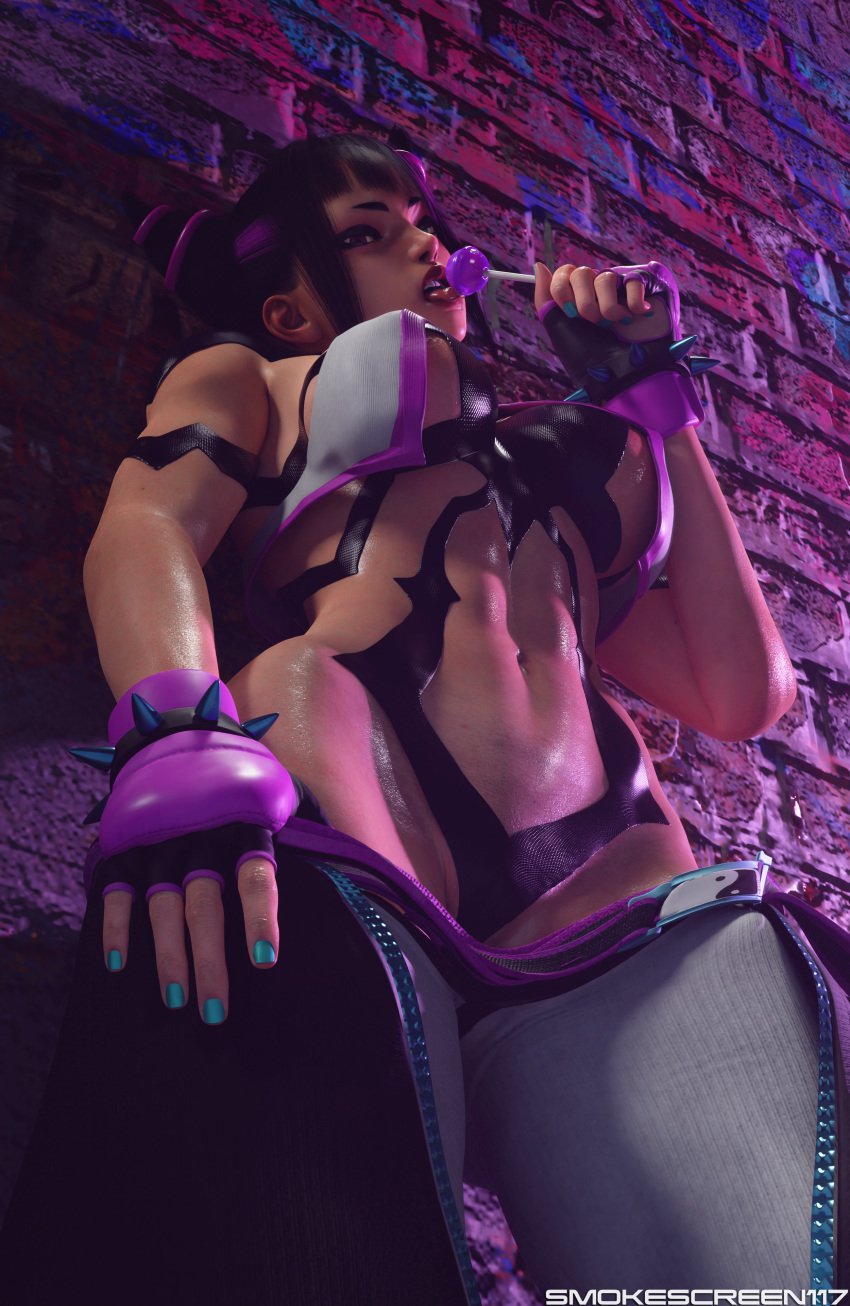 3d 3d_(artwork) abs asian athletic athletic_female big_breasts blender breasts cameltoe dark_hair half-dressed half_naked juri_han licking lolipop muscular muscular_female purple_eyes smokescreen117 solo solo_female solo_focus street_fighter street_fighter_6 sweat underboob wraps