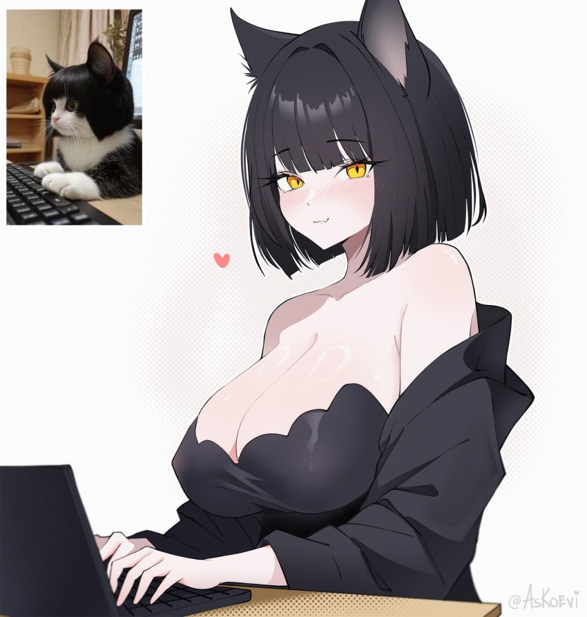 askoevi big_breasts black_hair blush bob_cut cat_ears catgirl female female_only heart looking_at_viewer no_sex no_visible_genitalia pale_skin shoulders yellow_eyes