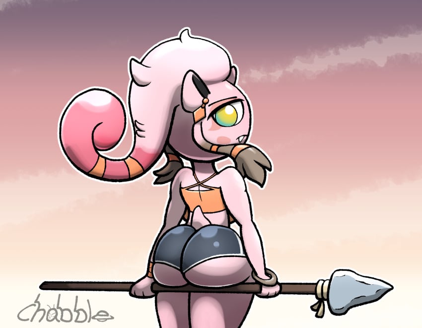 ancient_pokemon ass bubble_butt butt_focus chabble fangs no_humans paradox_pokemon pink_body pink_hair pokegirl_as_pokemon pokemon pokemon_(species) pokemon_sv post_transformation professor_sada_(pokemon) scream_tail shorts spear