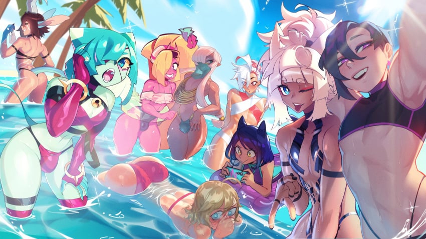 2024 2d 2d_(artwork) 9boys animal_humanoid asmo_(matemi) ass beach blonde_hair blue_eyes blush body_markings bulge bulge_through_clothing catboy clothed clothing collaboration cyan_body cyan_hair cyan_skin femboy femboy_only gattles gay giri_(zephyrgales) highres joey_(krekk0v) kittbetelgeuse krekk0v light-skinned_femboy light-skinned_male light_skin lightsource lyuka male_only male_with_painted_nails markings matemi multiple_artists multiple_boys multiple_femboys murasaki_(lightsource) narrowed_eyes nova_(sotcho) on_phone one_eye_closed original original_character original_characters phone pink_body pink_hair pink_skin pride_month_2024 purple_eyes qt0ri sotcho submerged swimsuit tail tan_body tan_skin tan_skinned_male v_sign velo_(kittbetelgeuse) water white_hair wink yaoi yellow_eyes yonu_(qtori) yun_(lyuka) zephyrgales