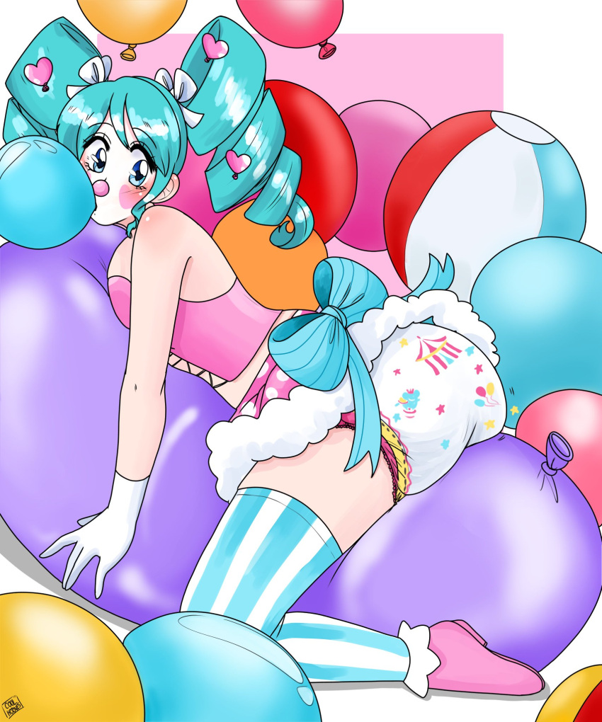 balloon_fetish balloons beach_ball blue_eyes claire_(claireclown7) clown clown_girl clown_makeup clown_nose coolhooves diaper female looking_at_viewer multicolored_stockings pink_corset pink_shoes pink_skirt polka_dot_skirt skirt twin_drills white_gloves