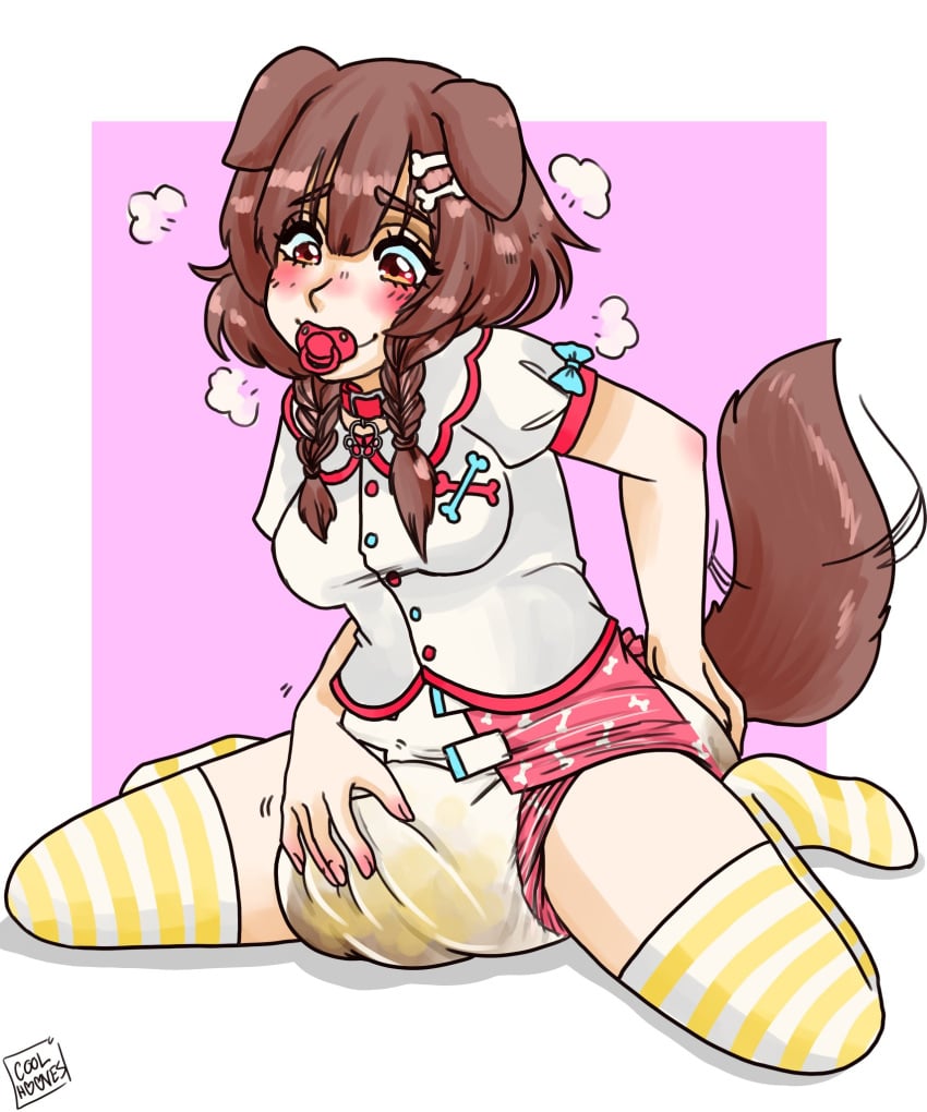coolhooves diaper dog_ears dog_girl dog_tail female hair_ornament hands_on_diaper happy hololive inugami_korone light_brown_eyes messy_diaper multicolored_stockings pacifier scat twin_braids virtual_youtuber wagging_tail white_shirt yellow_stockings