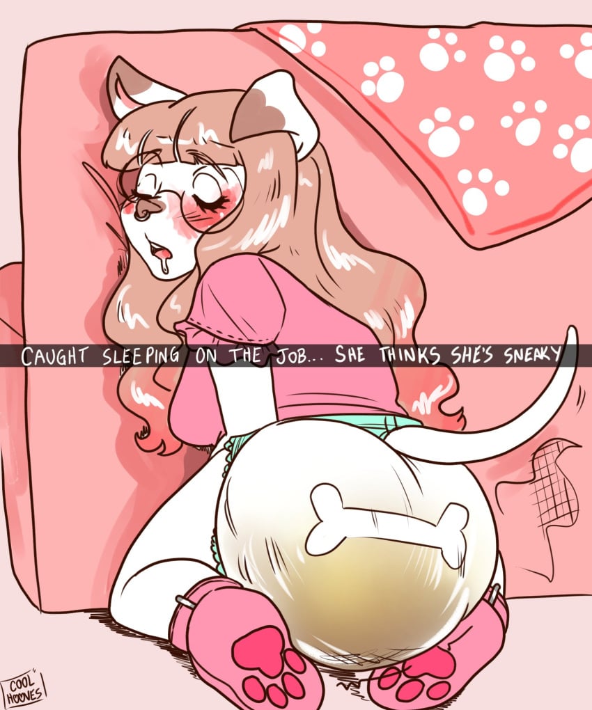 blush closed_eyes coolhooves couch diaper dog_girl dog_tail drooling furry glasses light_brown_hair messy_diaper offscreen_character pink_couch pink_shoes scat sleeping soiling white_fur