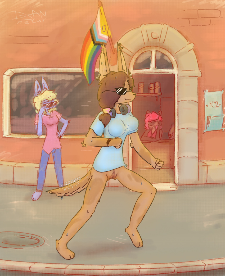 absurd_res anthro background_character being_watched black_nose bodily_fluids body_hair breasts cassandra_(funkybun) clothed clothing djannetur ear_piercing ears_up electronics exhibitionism exposed eyewear female genitals happy_trail headphones hi_res hybrid hyena jogging jullet_(djannetur) lgbt_pride lgbt_pride_month looking_at_another mammal outside pantsless piercing pride_color_flag pride_colors pubes pubes_exposed public pussy running shirt smug_face spotted_hyena summer sunglasses sweat sweatdrop t-shirt tail topwear