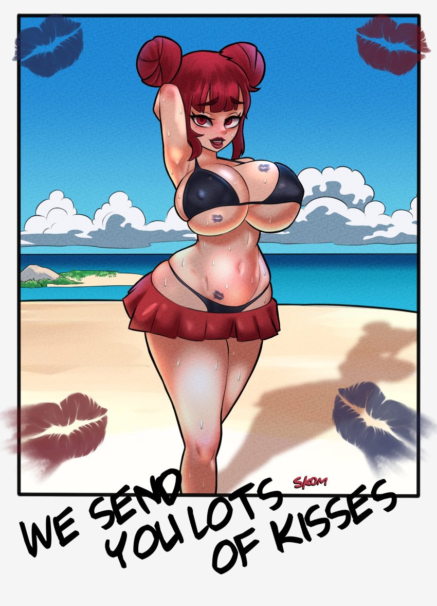 1girls big_breasts bikini lipstick lipstick_mark oc postcard rainbow_party red_hair short_skirt skom_(artist) solo wide_hips