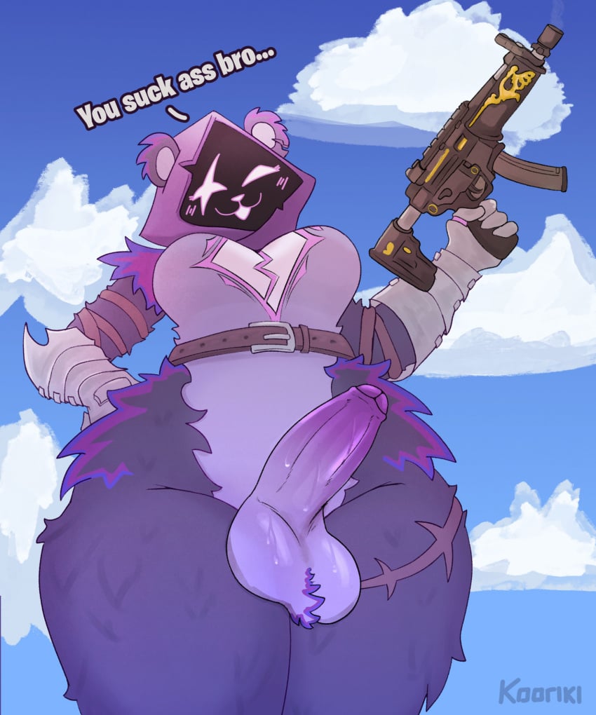 2024 anthro balls bear breasts dialogue english_text epic_games female fortnite fur futanari genitals gun hi_res insult kooriki mammal penis purple_body purple_fur ranged_weapon raven_team_leader smug smug_grin solo submachine_gun text thick_thighs weapon wide_hips