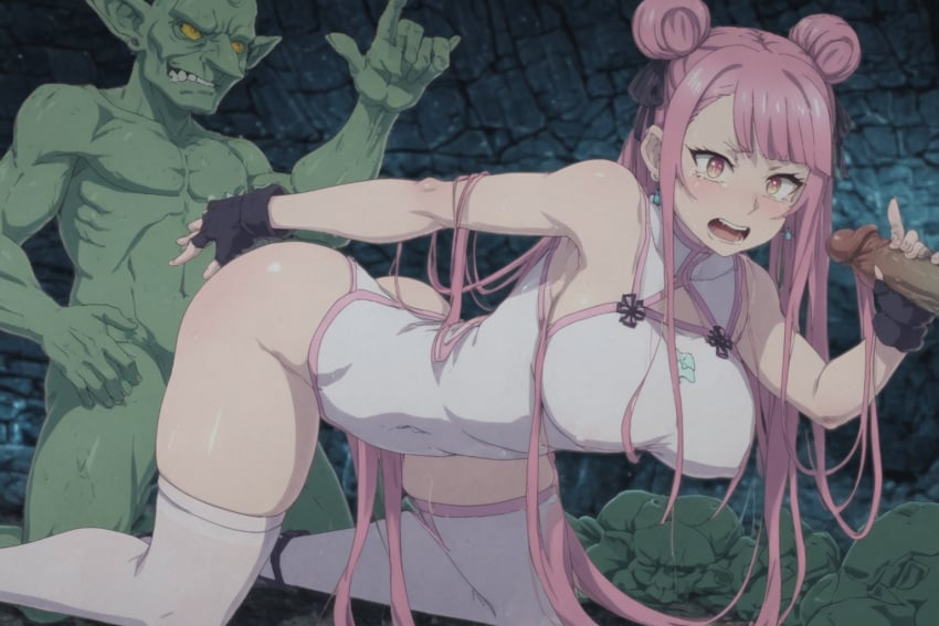 1girls ai_generated asymmetrical_bangs black_gloves chest clothes doggy_style double_bun dress female fingerless gloves goblin goblin_male long_hair pink_dress pink_eyes tao_yuifa tensei_shitara_dai_nana_ouji_dattanode,_kimamani_majutsu_o_kiwamemasu