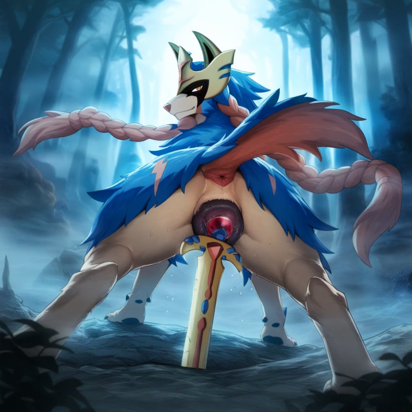 ai_generated anatomically_correct anatomically_correct_genitalia animal_genitalia animal_pussy anus canid canine canine_pussy claws detailed detailed_background detailed_fur director_firewolf female feral fog foggy forest generation_8_pokemon genitals hi_res improvised_sex_toy legendary_pokemon looking_at_viewer looking_back looking_back_at_viewer mammal masturbation melee_weapon novelai object_in_pussy outside paws penetration plant pokemon_(species) pussy raised_tail rear_view solo spread_legs spreading sword toe_claws tree vaginal_penetration vaginal_penetration weapon zacian