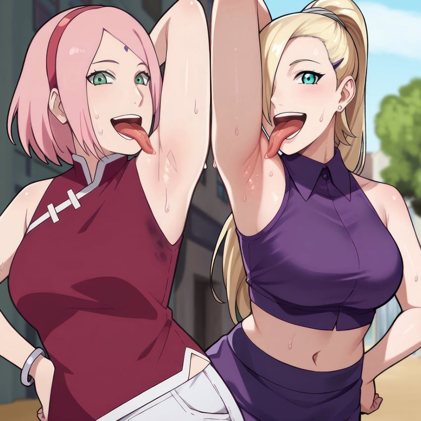 2girls ai_generated arm_up armpit_fetish armpit_licking armpit_lover armpits bare_shoulders big_breasts blonde_hair blue_eyes bodily_fluids boruto:_naruto_next_generations breasts clothing crop_top dress drooling female female_only fetish green_eyes haruno_sakura huge_breasts ino_yamanaka light-skinned_female light_skin looking_at_viewer mature mature_female medium_breasts midriff milf multiple_girls naruto naruto_(series) navel one_arm_up open_mouth outdoors pants pink_hair pinup ponytail sakura_haruno saliva self_lick sexually_suggestive shirt skirt sleeveless sweat sweatdrop take_your_pick teasing teasing_viewer tongue tongue_out upper_body very_long_hair white_skin yamanaka_ino