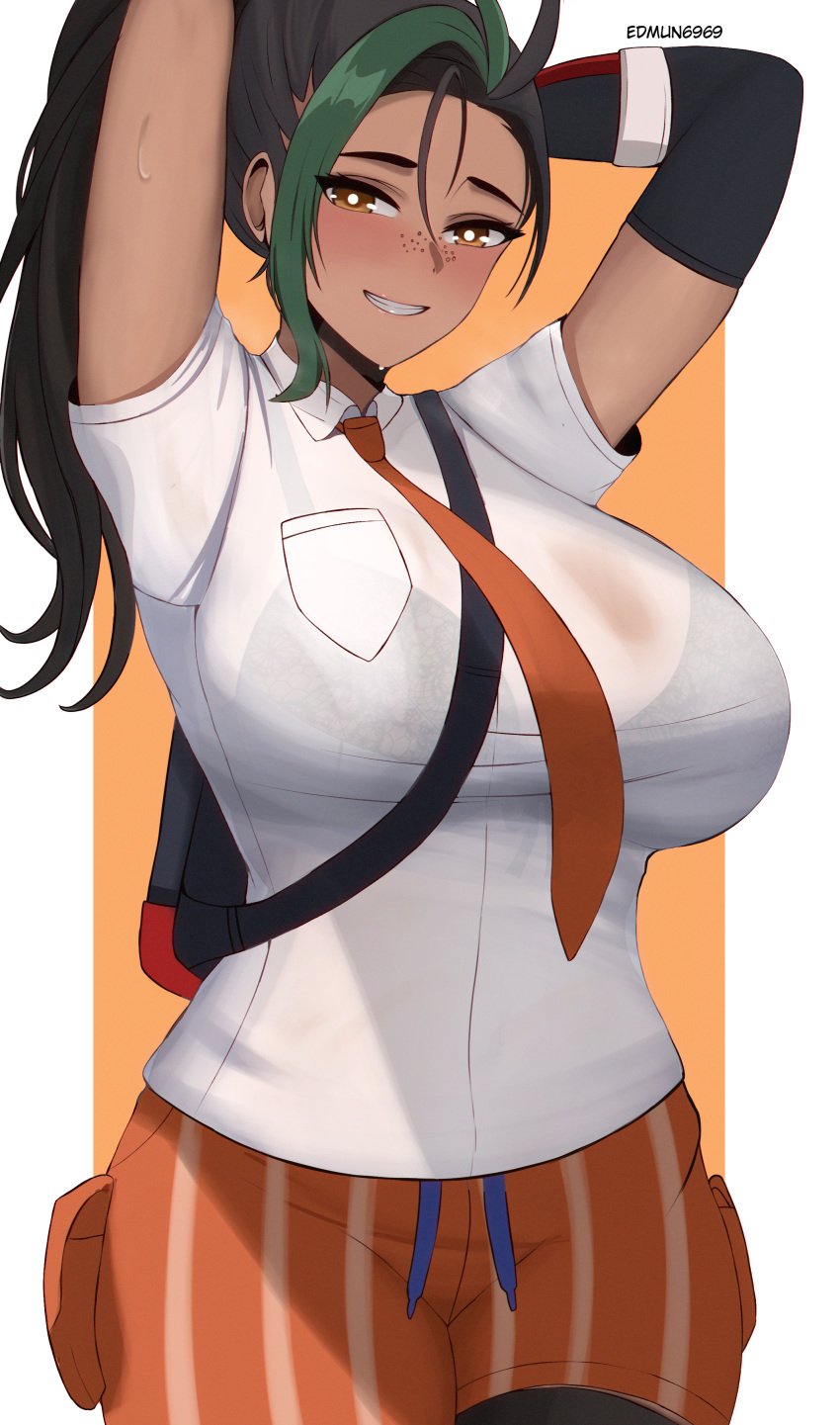 1girls absurdres alternate_breast_size arms_behind_head arms_up bag big_breasts black_hair blush border bra_visible_through_clothes breast_pocket breasts collared_shirt commentary cowlick creatures_(company) curvy dark-skinned_female dark_skin edmun6969 elbow_gloves female forehead freckles game_freak gloves green_hair grin highres large_breasts long_hair looking_at_viewer multicolored_hair necktie nemona_(pokemon) nintendo orange_eyes orange_necktie orange_shorts pocket pokemon pokemon_sv ponytail revision shirt short_sleeves shorts shoulder_bag single_elbow_glove smile solo streaked_hair striped_clothes striped_shorts sweat tan teeth thighhighs white_border white_shirt wide_hips