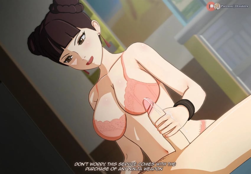 1boy 1girls bed bedroom big_breasts blunt_bangs boruto:_naruto_next_generations bra bracelet breasts brown_eyes cleavage climax commentary cum cum_on_penis cumdrip double_bun earrings english_text erect_penis erection faceless_male female female_focus handjob holding_penis huge_breasts indoors koikatsu lingerie looking_at_partner looking_at_penis lying_on_back lying_on_bed male mature mature_female midriff milf naruto naruto_(series) nipples nude open_mouth otsukira panties penis penis_grab smile straight talking talking_to_another tenten text twin_buns uncensored underwear underwear_only uzumaki_boruto