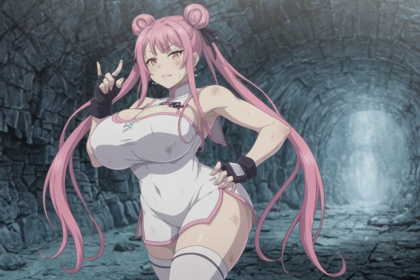 1girls ai_generated asymmetrical_bangs black_gloves chest clothes double_bun dress female fingerless gloves long_hair pink_dress pink_eyes tao_yuifa tensei_shitara_dai_nana_ouji_dattanode,_kimamani_majutsu_o_kiwamemasu