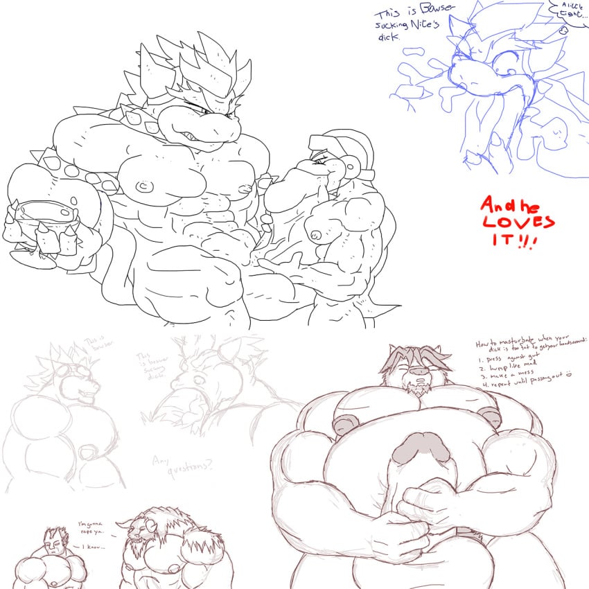 balls bovine bowser claws danandnite draenei dragon erection fangs fat fellatio grin hammer_bros. horns koopa male mario_(series) muscles nintendo nude oral oral_sex penis reptile scalie sex size_difference sketch spikes standing stupidgit tail tauren warcraft yaoi