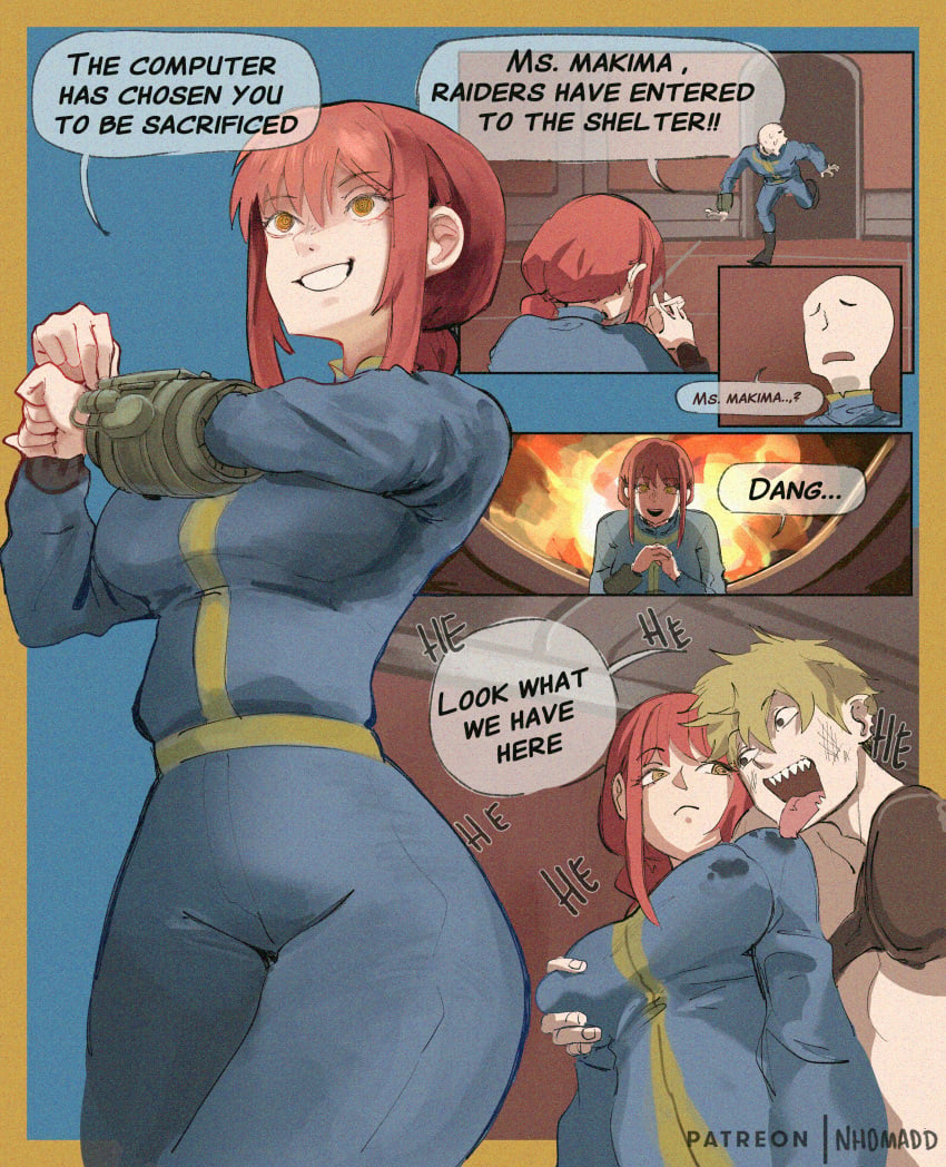 1girl background_character chainsaw_man clothed clothed_female comic denji_(chainsaw_man) fallout fallout_(series) groping groping_breasts groping_from_behind imminent_rape licking_breast makima_(chainsaw_man) nhomadd straight