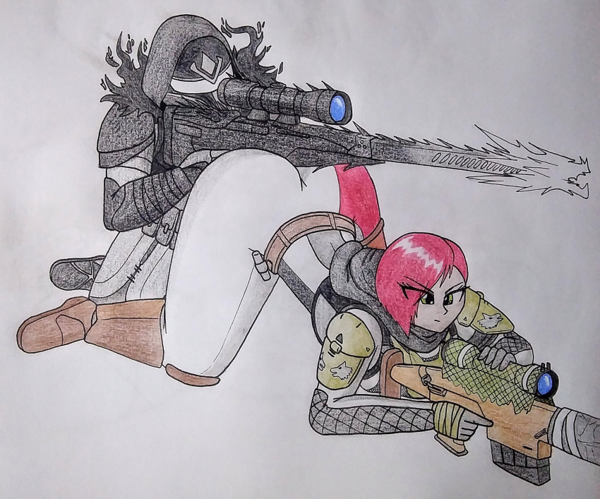 1boy 1girls aiming armor ass ass_up bungie destiny_(game) destiny_2 faceless_male female guardian_(destiny) gun human hunter_(destiny) male moraspartan ranged_weapon red_hair rifle sniper sniper_rifle tagme weapon