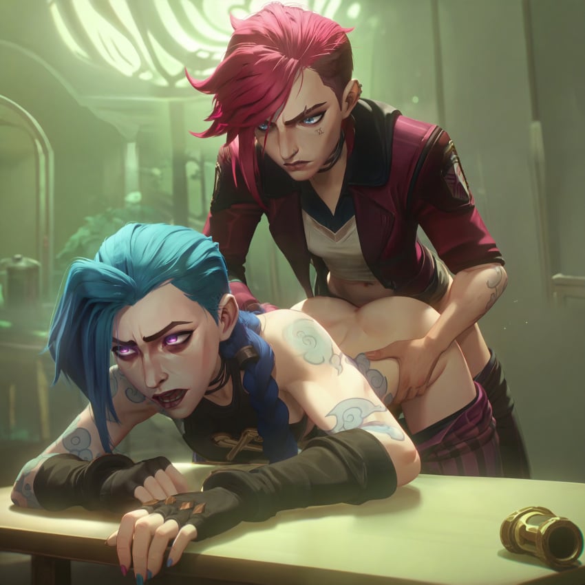 1girl1futa 2d ai_generated arcane arcane_jinx arcane_vi bent_over blue_eyes blue_hair braided_hair facial_tattoo fakeshit grabbing implied_futanari implied_sex incest jacket jinx_(league_of_legends) light-skinned_female light-skinned_futanari light_skin pink_hair purple_eyes sex sex_from_behind sisters tattoos torso_grab vi waist_grab