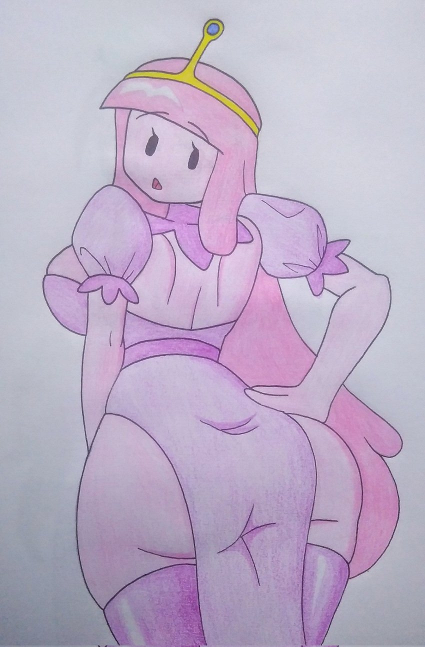 1girls adventure_time ass bonnibel_bubblegum crown female female_only looking_at_viewer looking_back looking_back_at_viewer moraspartan pink_body pink_hair pink_skin princess_bubblegum traditional_media traditional_media_(artwork)