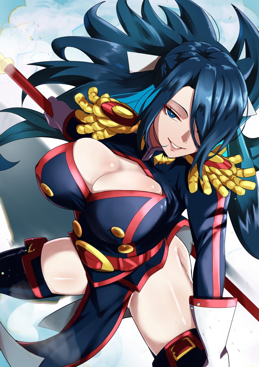 anti-demon_corps_uniform azuma_fubuki belt_buckle blue_eyes blue_hair buckle cleavage hair_over_one_eye large_breasts long_hair looking_at_viewer mato_seihei_no_slave milf pelvic_curtain smiling thighs yamada_otonari