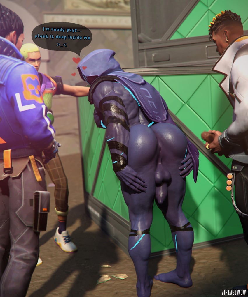 3d breedable censored censored_anus censored_penis close-up gay gay_orgy gekko_(valorant) homoerotic melanin multiple_boys multiple_males omen_(valorant) phoenix_(valorant) plump_ass presenting presenting_anus presenting_ass purple_body purple_penis purple_skin soft_penis thick_ass valorant yoru_(valorant) zireael