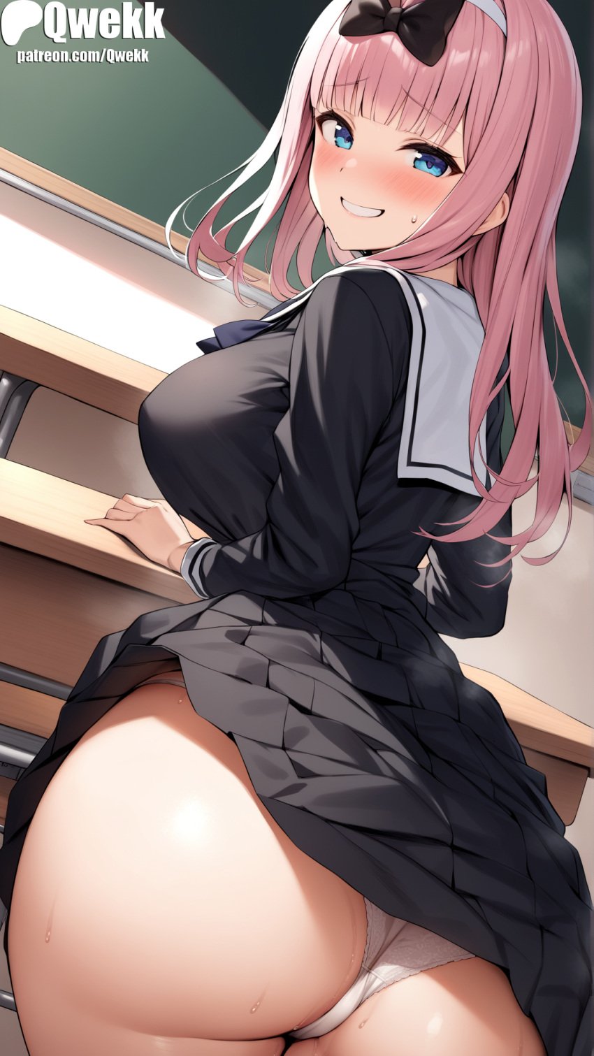 1girls 2024 ai_generated ass back_view black_dress blush breasts covered_pussy desk dress fujiwara_chika kaguya-sama_wa_kokurasetai_~tensai-tachi_no_renai_zunousen~ large_breasts panties pink_hair pussy qwekk school_girl school_uniform schoolgirl schoolgirl_uniform stable_diffusion view_from_back