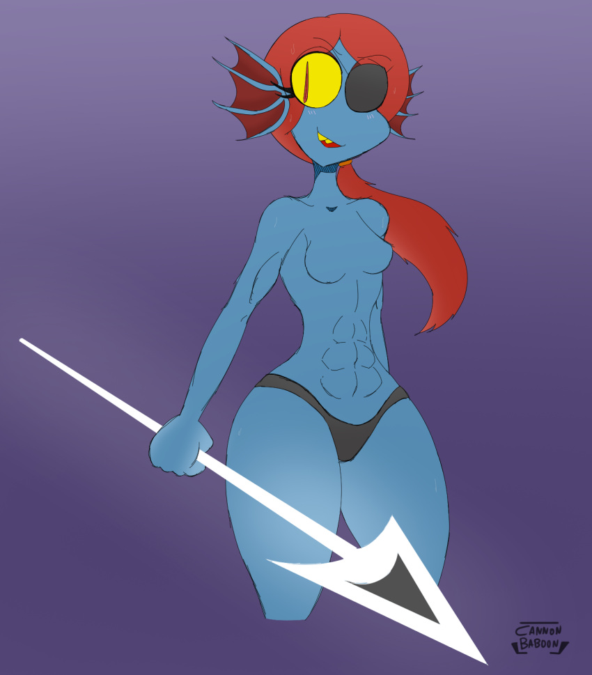 1girls 2d abs breasts cannonbaboon deltarune female female_only fish_girl humanoid monster monster_girl nippleless ponytail red_eyes red_hair sketch solo spear sweat topless undertale undertale_(series) underwear undyne