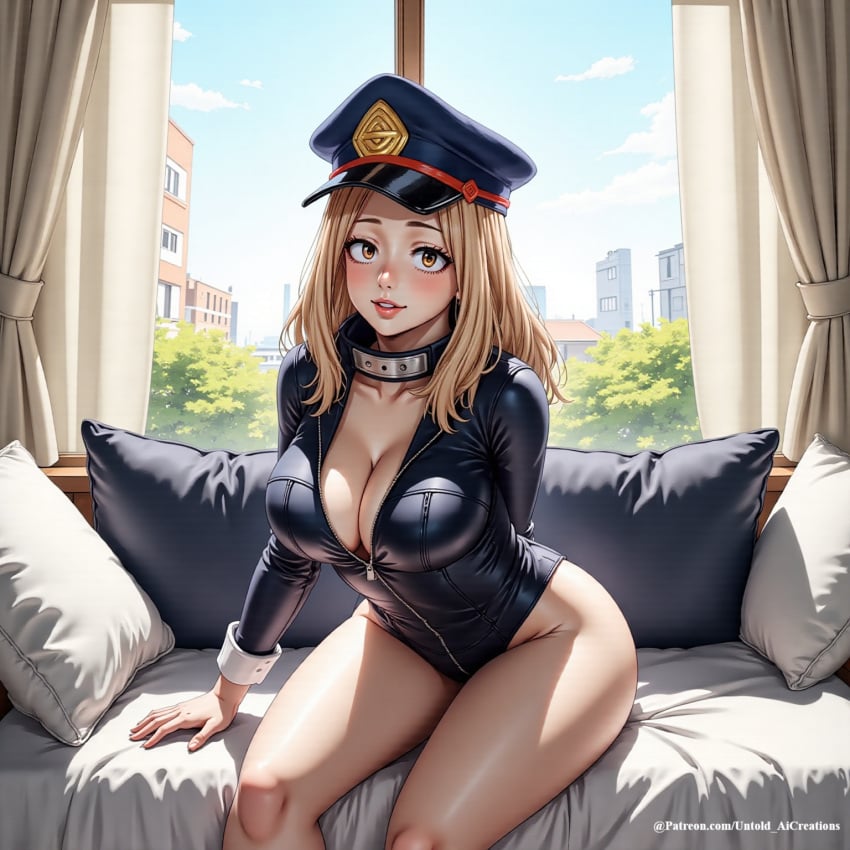 1girls ai_generated camie_utsushimi cleavage clothing female female_only hat indoors looking_at_viewer my_hero_academia no_sex not_porn safe seductive solo untoldaicreations untoldcreate