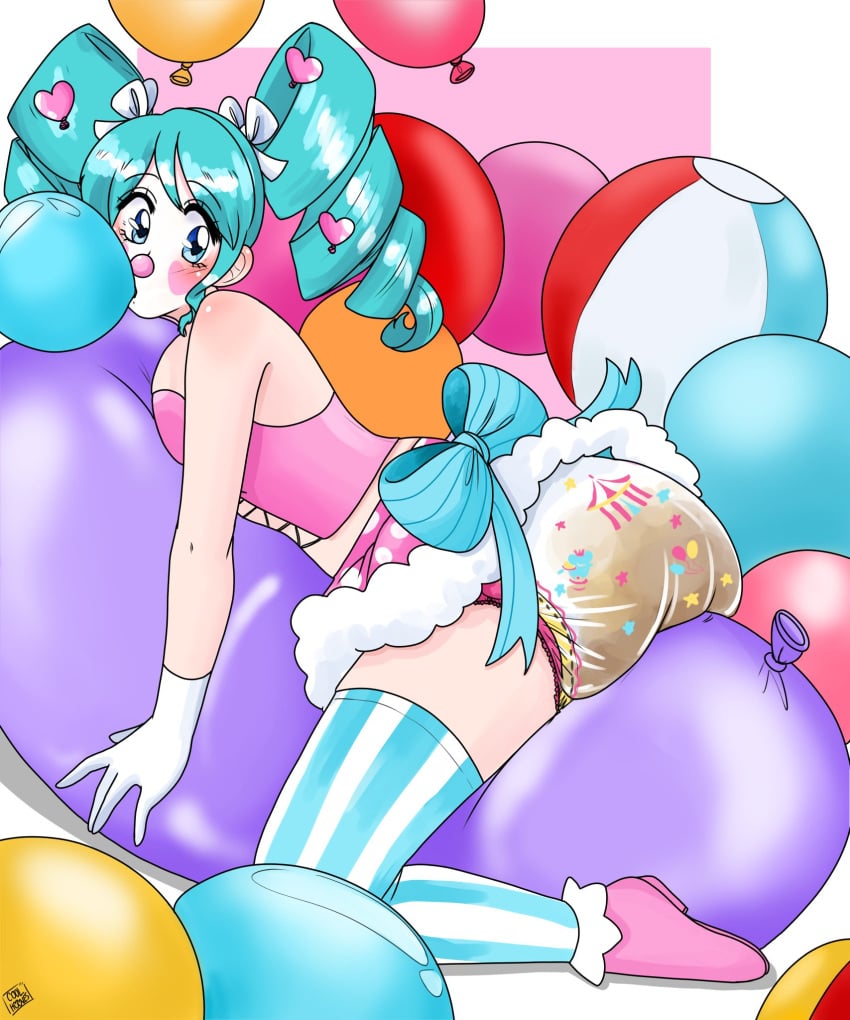 balloon_fetish balloons beach_ball blue_eyes claire_(claireclown7) clown clown_girl clown_makeup clown_nose coolhooves diaper female looking_at_viewer messy_diaper multicolored_stockings pink_corset pink_shoes pink_skirt polka_dot_skirt scat skirt twin_drills white_gloves