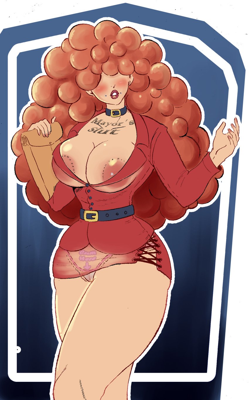 1girls 2022 absurd_res alternate_version_available areolae belt big_breasts blazer blush breasts cartoon_network cleavage collar curly_hair english_text hair_over_eyes hi_res long_hair looking_at_viewer no_bra orange_hair panties parted_lips powerpuff_girls print_panties revealing_clothes sara_bellum see-through see-through_clothing side_slit slutty_outfit solo standing sutema tattoo tattoo_on_chest text text_on_clothing text_on_panties thick_thighs very_long_hair voluptuous voluptuous_female