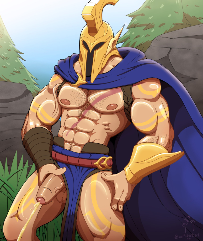 abs balls bara biceps big_balls big_penis bulge cape helmet league_of_legends male male_nipples male_only muscular_male nipples pantheon pecs peeing penis riot_games tattoos wolfshirtart