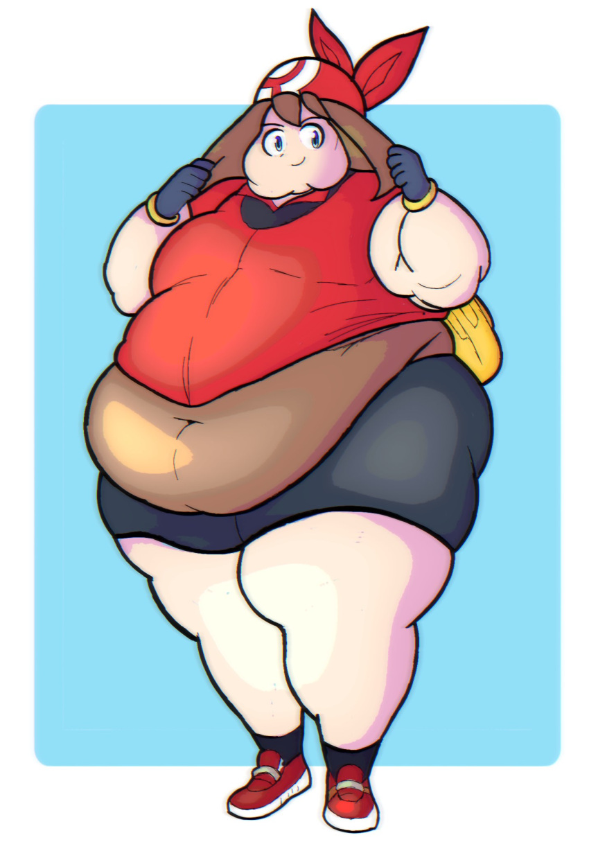 bbw bike_shorts blue_eyes brown_hair chubby chubby_female enormous_belly fat fat_fetish fat_woman huge_belly larger_female may_(pokemon) may_(pokemon_rs) overweight overweight_female plump pokemon pokemon_rse pork_chop solo solo_female sweat thick_thighs weight_gain