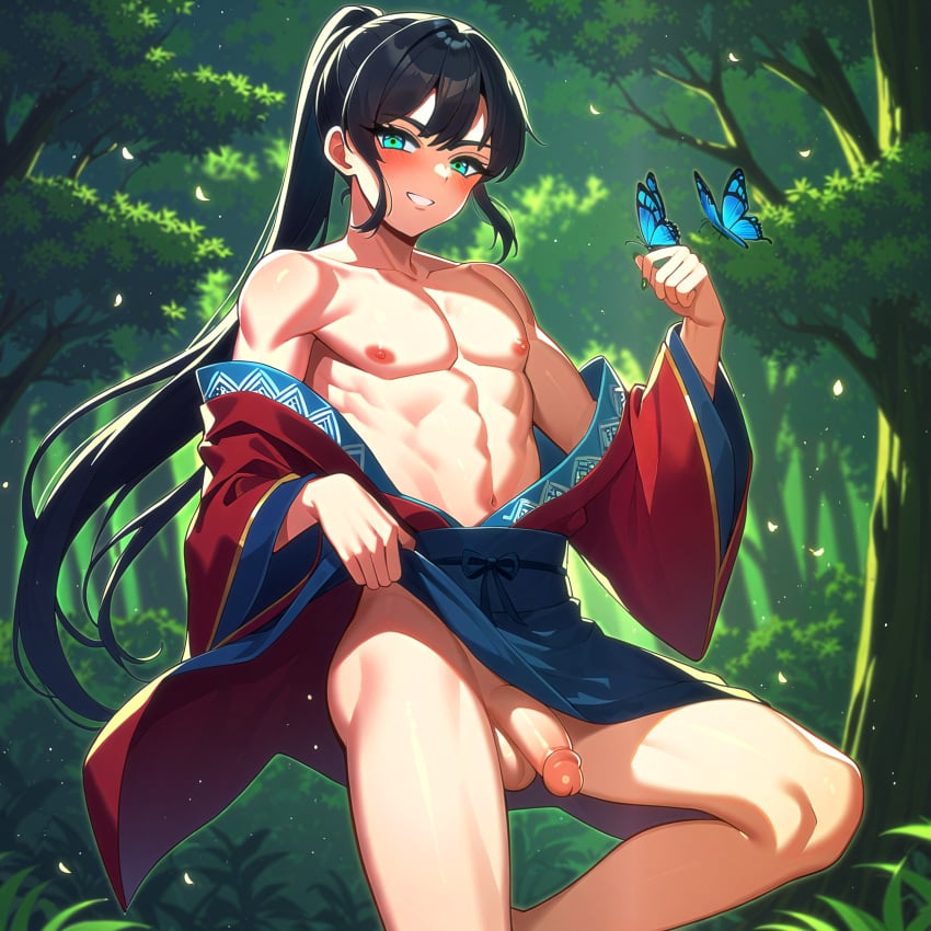 1boy ai_generated ambush_(trap) aqua_eyes black_hair butterfly crossdressing exposed_penis femboy flaccid flaccid_cock flaccid_penis forest forest_background grin kimono lifting_clothing long_hair long_ponytail male male_only muscle muscles nail_polish nails nails_painted neuai nipples original otoko_no_ko otokonoko pecs pectorals penis ponytail rim_light solo stable_diffusion testicles thick_eyebrows toned trap undressing