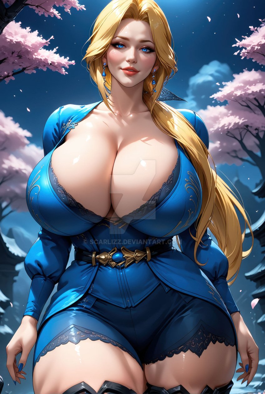 1girls ai_generated big_breasts blonde_hair blue_eyes cleavage curvaceous dead_or_alive earrings female female_focus helena_douglas jewelry large_breasts light-skinned_female light_skin long_hair looking_at_viewer outdoors ponytail rich_lady scarlizz standing tecmo thick thick_thighs voluptuous voluptuous_female wide_hips