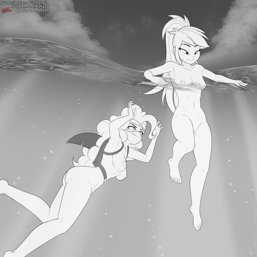 2girls ass belly_button breasts bubble cloud dorsal_fin equestria_girls female female_only fin freediving goggles hasbro human jaws_(film) monochrome my_little_pony night nipples nude nudity ocean parody partially_submerged partially_underwater_shot pinkie_pie_(eg) pinkie_pie_(mlp) prank pshyzo rainbow_dash_(eg) rainbow_dash_(mlp) sea shark_fin skinny_dipping submerged swimming unaware underwater universal_studios vulva water