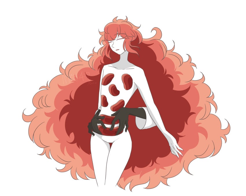 black_gloves gloves holes_in_body houseki_no_kuni long_hair messy_hair no_genitals padparadscha_(land_of_the_lustrous) partially_open_mouth puffy_hair red_eyebrows red_eyeliner red_hair red_mouth red_nails rutile_(land_of_the_lustrous) signature slightly_open_mouth touching very_long_hair white_background white_skin