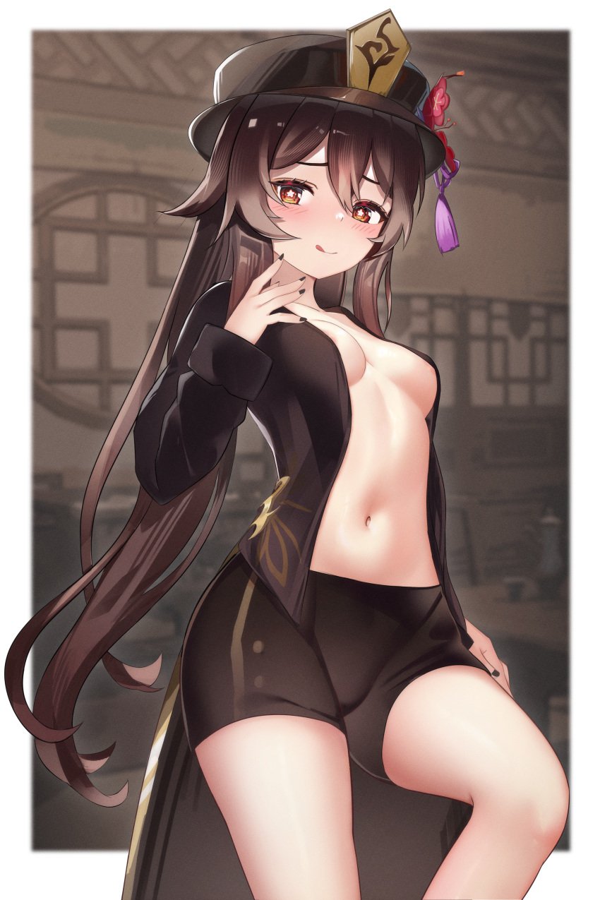 :q absurdres areola_slip black_nails blurry blurry_background blush border breasts breasts_apart brown_coat brown_hair brown_shorts coat commentary cowboy_shot female flower flower-shaped_pupils genshin_impact hair_flaps hand_up hat hat_flower highres hu_tao_(genshin_impact) long_hair looking_at_viewer nail_polish navel open_clothes open_coat plum_blossoms porkpie_hat red_eyes shorts small_breasts stomach symbol-shaped_pupils tagme_(artist) thighs tongue tongue_out twintails verozy white_border