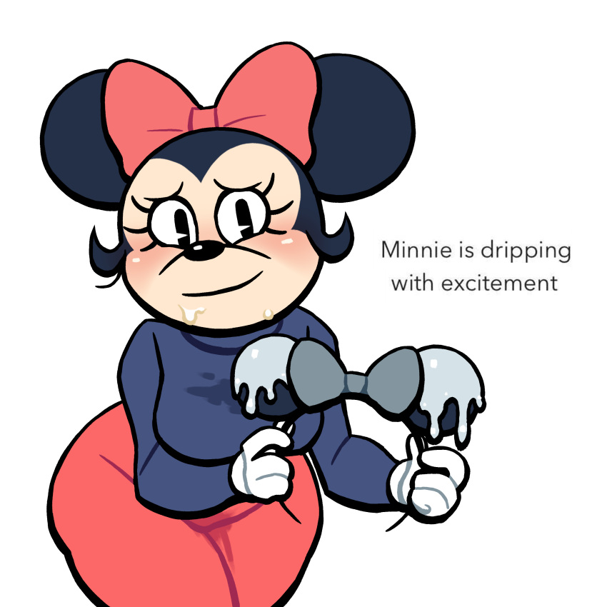 anthro black_fur blush blushing bow clothed clothing cum cum_on_face disney disneyland english_text furry holding_object lovetopullmicke meme minnie_mouse mouse simple_background sweat sweatdrop sweating text wet wet_pussy white_background