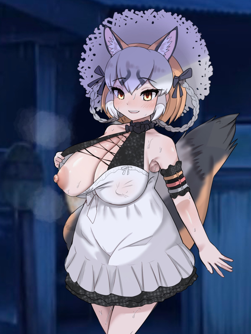 animal_costume animal_ear_fluff animal_ears arm_belt blush breasts dress extra_ears female fox_ears fox_girl fox_tail grey_hair hat highres island_fox_(kemono_friends) kemono_friends kemono_friends_v_project large_breasts long_hair looking_at_viewer multicolored_hair nipples orange_eyes orange_hair ribbon shikoomaru solo sundress sweat tail virtual_youtuber