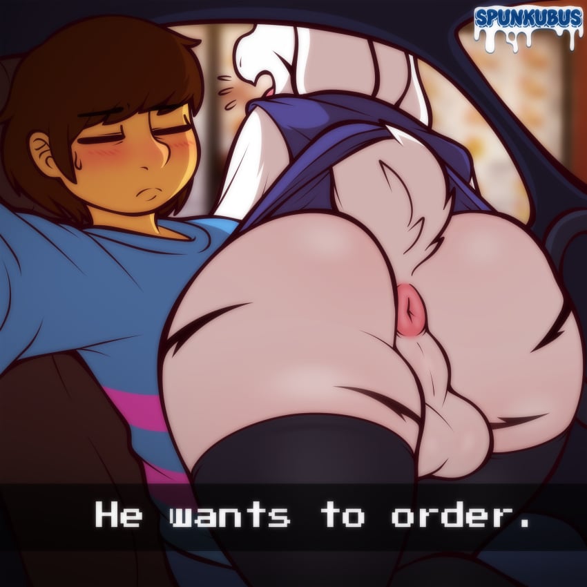 2022 absurd_res ambiguous_gender anthro anus asriel_dreemurr asriel_dreemurr_(god_form) ass backsack balls blush bovid butt_focus caprine clothed clothing digital_media_(artwork) duo english_text eyebrows frisk genitals hair he_wants_to_order hi_res human legwear male male_only mammal meme open_mouth rear_view spunkubus text undertale undertale_(series) video_games