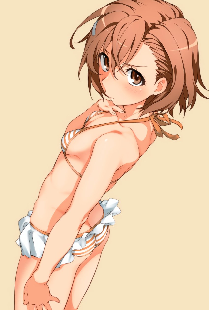 10s 1girls 2017 arm_at_side ass ass_cleavage bare_arms bare_back bare_shoulders bikini bikini_skirt breasts brown_eyes brown_hair brunette butt_crack closed_mouth collarbone female from_side hair_ornament hairclip halterneck hand_on_own_chest hatakenaka_(kamagabuchi) hi_res looking_at_viewer looking_to_the_side matching_hair/eyes misaka_mikoto orange_ribbon ribbon short_hair shoulder_blades sideboob small_breasts smile solo striped striped_bikini swimsuit teenage_girl teenager thighs to_aru_kagaku_no_railgun to_aru_majutsu_no_index yellow_background young