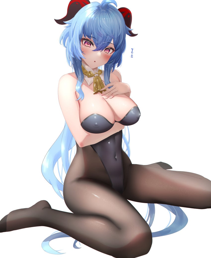 :o absurdres ahoge arm_under_breasts bare_shoulders bell black_leotard black_pantyhose blue_hair blush breasts covered_erect_nipples covered_navel detached_collar female ganyu_(genshin_impact) genshin_impact goat_horns hair_between_eyes highres horns large_breasts leotard long_hair looking_at_viewer neck_bell pantyhose parted_lips playboy_bunny purple_eyes simple_background sitting solo thighs too_(totoo) very_long_hair wariza white_background