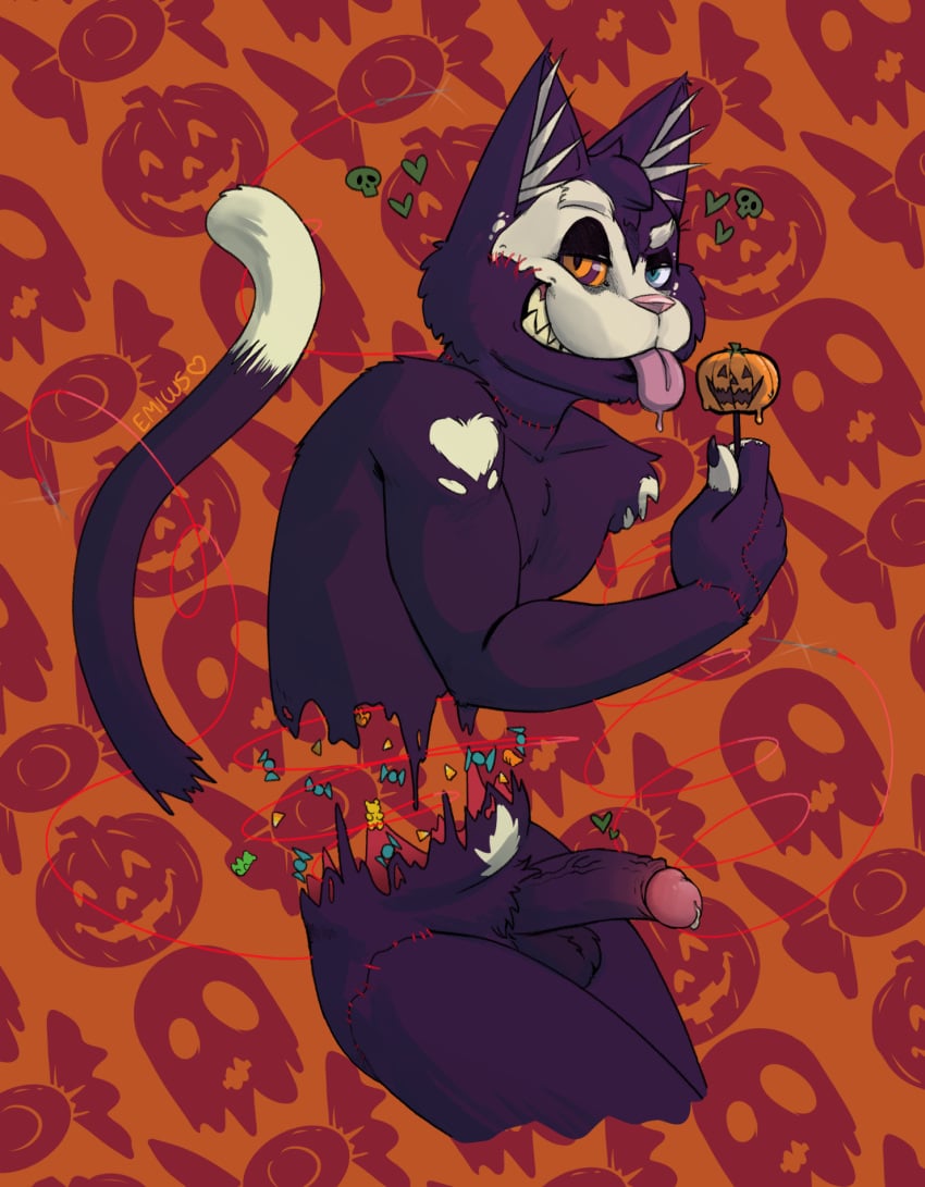 anthro balls candy dessert domestic_cat emiw_(character) emiwcat feathers felid feline felis food fruit genitals ghost gummy_(food) gummy_bear_(food) halloween hi_res holidays invalid_tag male male/male mammal markings moster penis plant pumpkin solo spirit tail