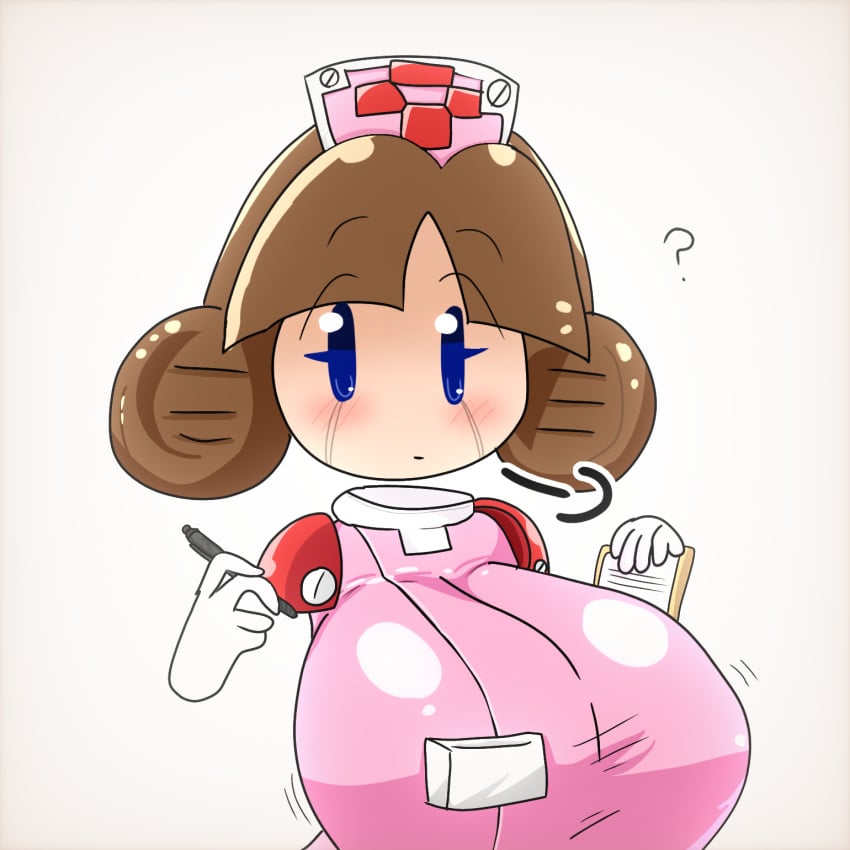 ? big_breasts blue_eyes blush brown_hair cute doctor extra_credits hat holding_objects manga meddy neutral_expression nurse pink_clothing robopon sigh tear_markings uwu wholesome