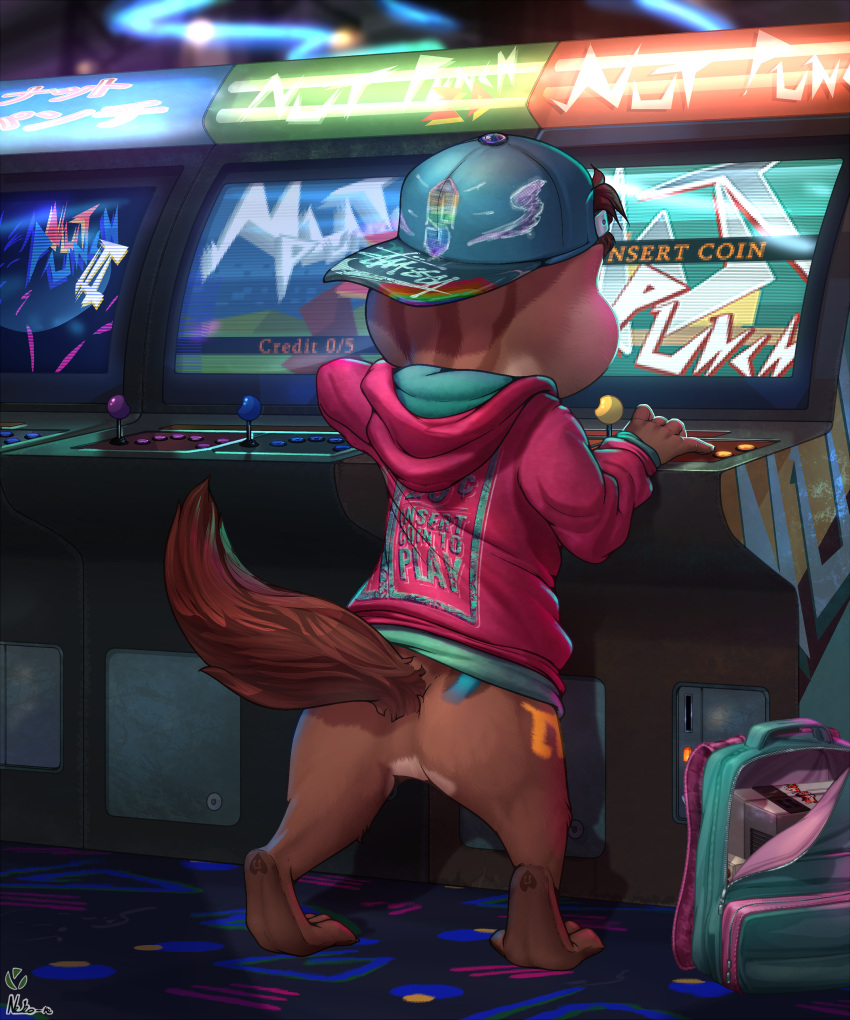 2022 80's_theme absurd_res animal_humanoid anthro arcade_machine backpack backwards_cap bag carpet chipmunk_humanoid chipmunk_tail clothed clothing david_delanty electronics fan_character game_console ground_squirrel_humanoid hi_res hoodie humanoid jordan_the_chipmunk looking_at_screen male mammal mammal_humanoid markings musical_note musical_note_(marking) neko-me neon_lights nintendo rodent rodent_humanoid sciurid sciurid_humanoid snes solo super_nintendo_entertainment_system toony topwear video_games