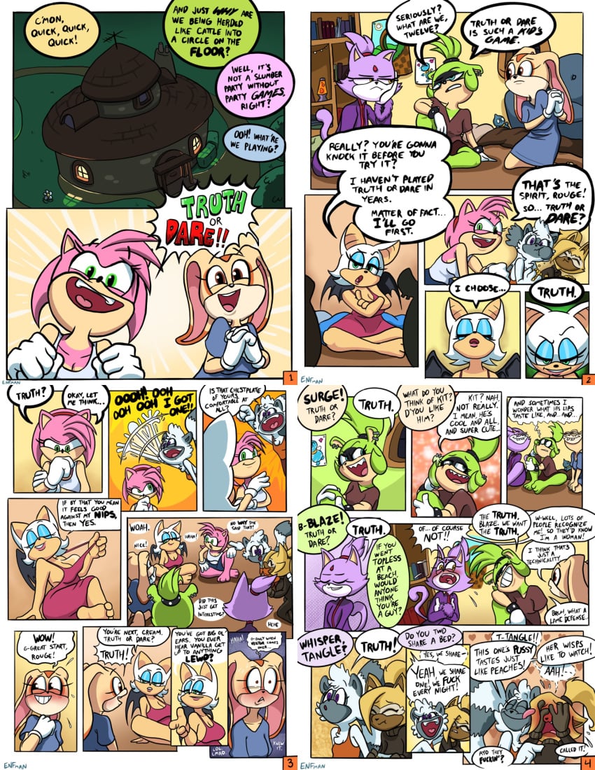 aged_up amy_rose blaze_the_cat breasts clothed comic cream_the_rabbit english_text funny humor idw_comics idw_publishing mobian_(species) multiple_pages page_1 page_4 rouge_the_bat sega sonic_(series) sonic_the_hedgehog_(comics) sonic_the_hedgehog_(idw) sonic_the_hedgehog_(series) surge_the_tenrec tangle_the_lemur theenfman truth_or_dare whisper_the_wolf