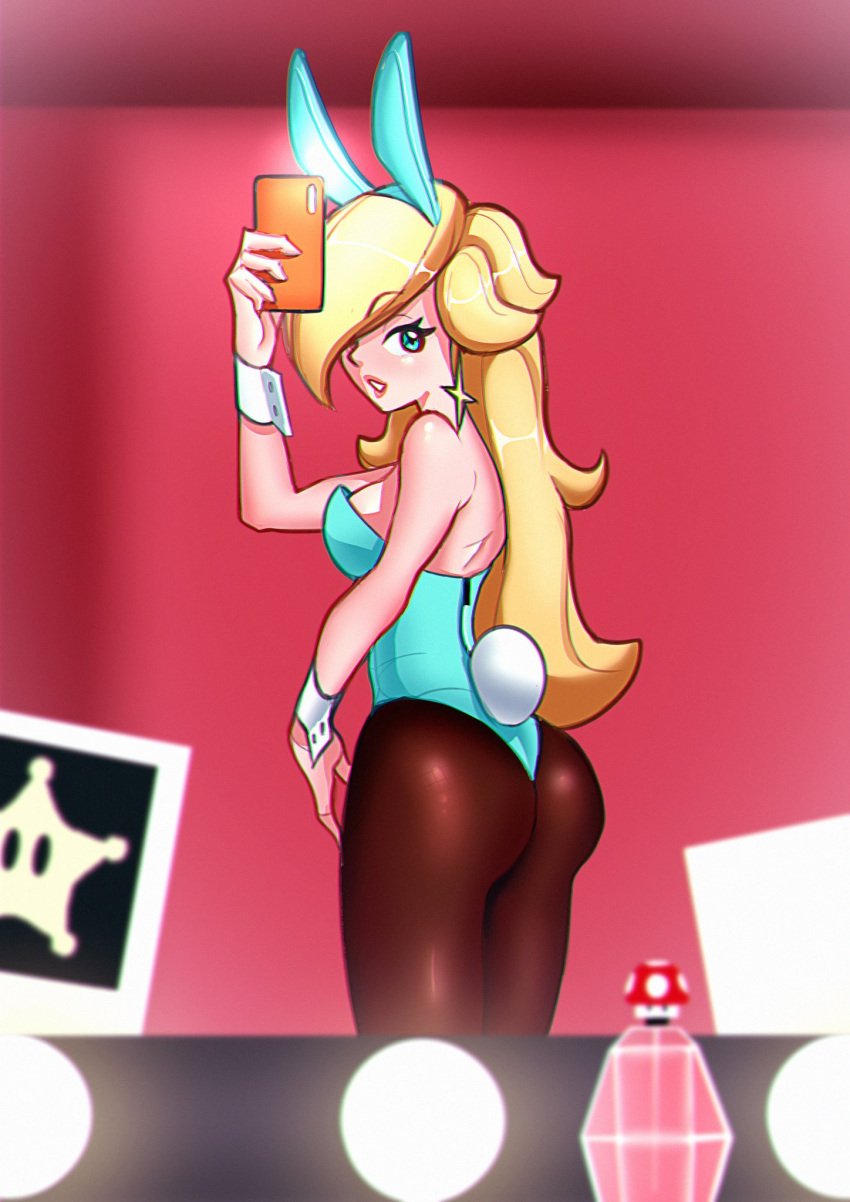 1girls 2021 ass blonde_hair blue_eyes bunny_ears bunnysuit earrings female female_only hair_over_one_eye long_hair mario_(series) mirror_selfie nintendo open_mouth princess_rosalina selfie solo star_earrings super_mario_galaxy viper1390