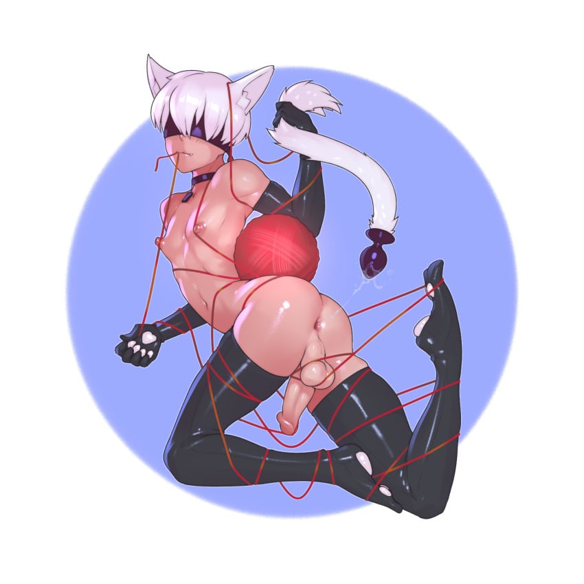 1boy 2022 anal_tail anus armwear ass balls belly black_armwear black_latex black_legwear blindfold bottomless buttplug buttplug_pull_out buttplug_tail cat_ears cat_paws choker fake_tail femboy legwear male male_focus male_only navel nier:_automata nier_(series) nipples no_panties penis platinum_games red_string red_thread sex_toy short_hair solo solo_male square_enix tail tailbox testicles topless twink yorha_9s