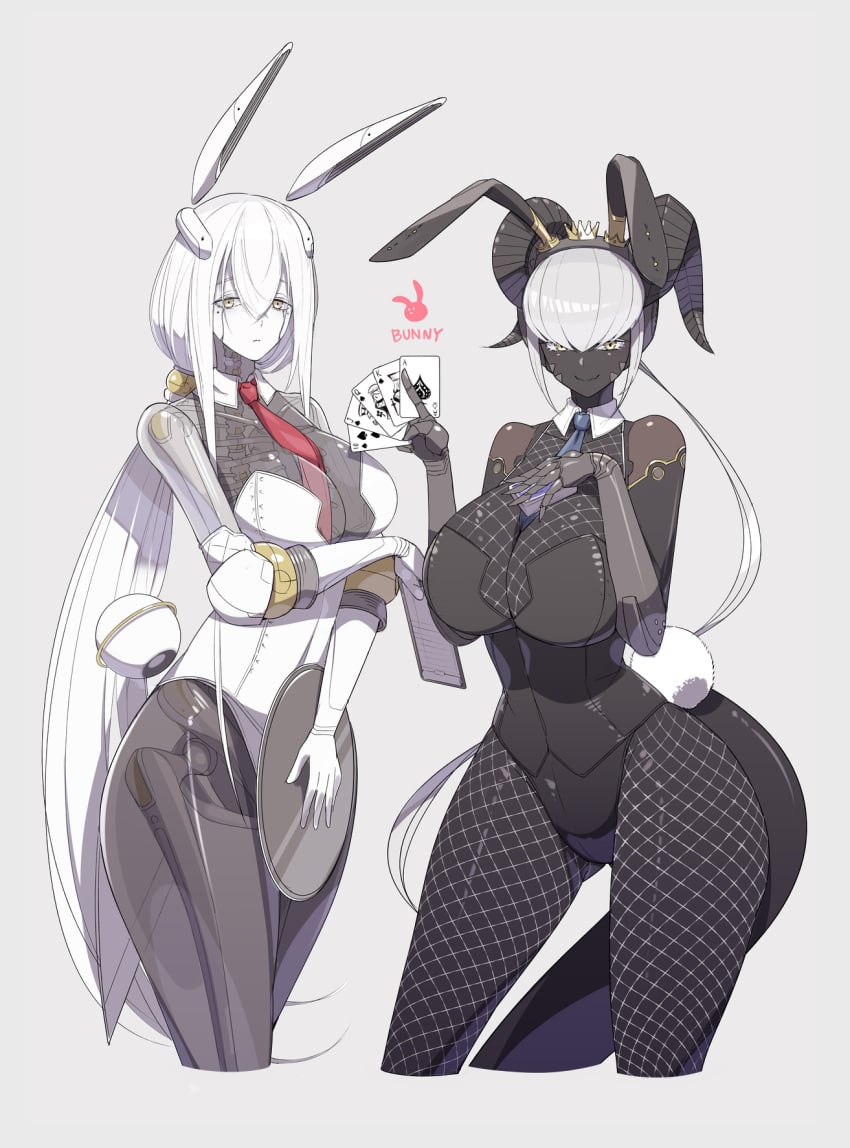 2girls android ass bare_shoulders bare_thighs beauty_mark big_breasts black_body black_skin bones breasts bunny_ears bunny_girl bunny_tail bunnysuit choker cleavage crown dark-skinned_female dark_skin english_text eurika_(ub1mo) female female_focus female_only fishnet_stockings fishnets gold_eyes headband headgear headwear holding_object horn horns hourglass_figure huge_breasts ill_(ub1mo) large_breasts legwear long_hair long_ponytail looking_at_viewer non-human open_clothes pale-skinned_female pale_skin playing_card ponytail robot_girl robotic_arm see-through skeleton skin_tight solo solo_female solo_focus tagme tail thick_tail thick_thighs tie tie_between_breasts transparent_body ub1mo very_long_hair voluptuous white_body white_hair wide_hips yellow_eyes