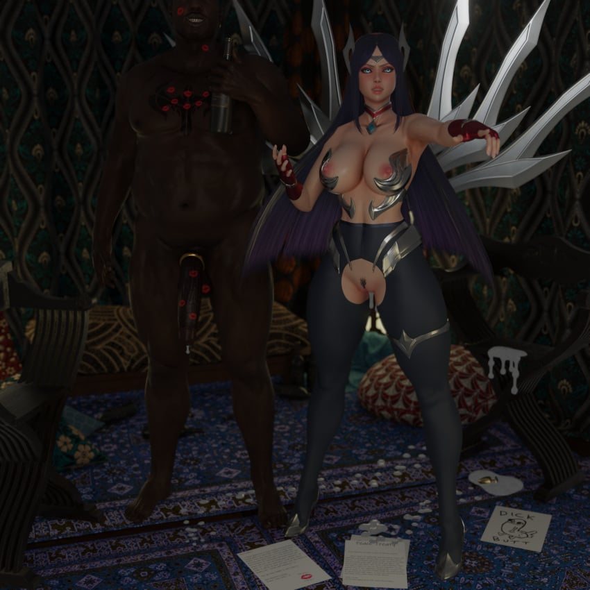 3d angry blue_eyes chaunguyen dark-skinned_male heels interracial irelia_xan kiss_mark league_of_legends leaking_cum light-skinned_female noxus_symbol pantyhose riot_games wine_bottle wine_glass