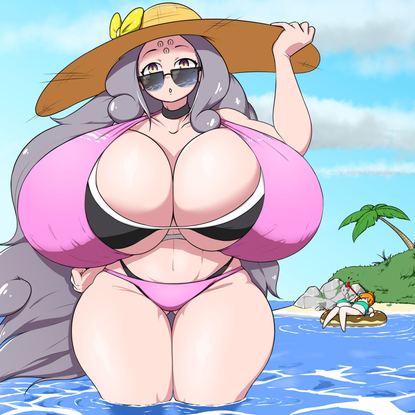 2022 2girls beach bikini breasts curvaceous curvy female_focus female_only gigantic_breasts grey_hair hips huge_breasts hyper hyper_breasts long_hair looking_at_viewer looking_over_eyewear looking_over_glasses looking_over_sunglasses massive_breasts morionite sun_hat sunglasses swimsuit swimwear thick_thighs thighs tinted_eyewear venai_(momoikha) voluptuous wide_hips