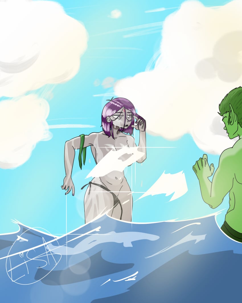 1boy 1girls bbrae beach beast_boy big_breasts bikini cloud dc dc_comics emotionless exhibitionism female forehead_jewel garfield_logan green_hair green_skin grey_skin male partially_clothed public_nudity purple_hair rachel_roth raven_(dc) sky teen_titans